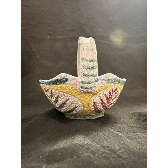 VNTG 1950s Italian Pottery Basket – Textured Glaze Multicolor Decorative Collect - Picture 3 of 9